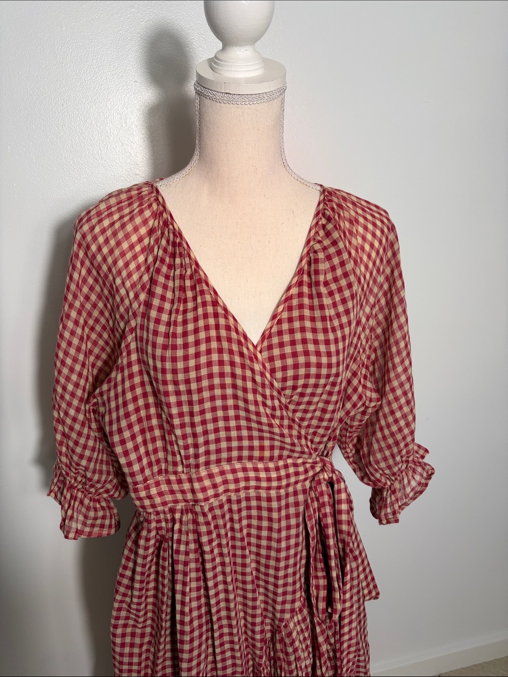 Khara Kapas Red Gingham Cotton Wrap Maxi Dress - Feminine Tie Waist XL - Picture 2 of 8